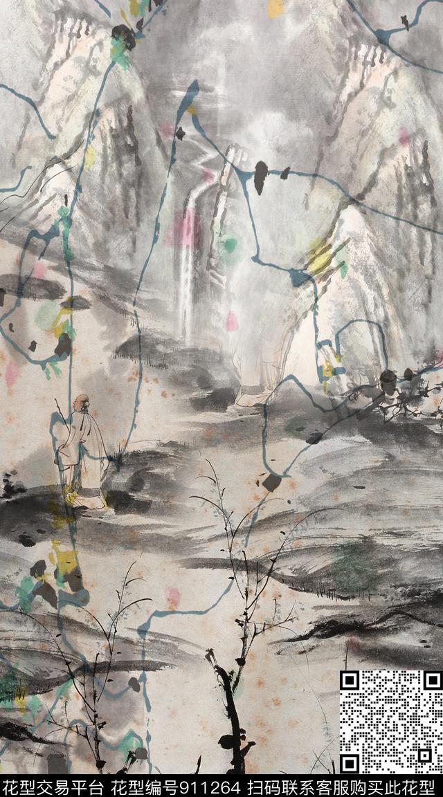 抽象几何花卉数码印花华亿平台下载（图片编号: 911264） - 瓦栏（Walan）