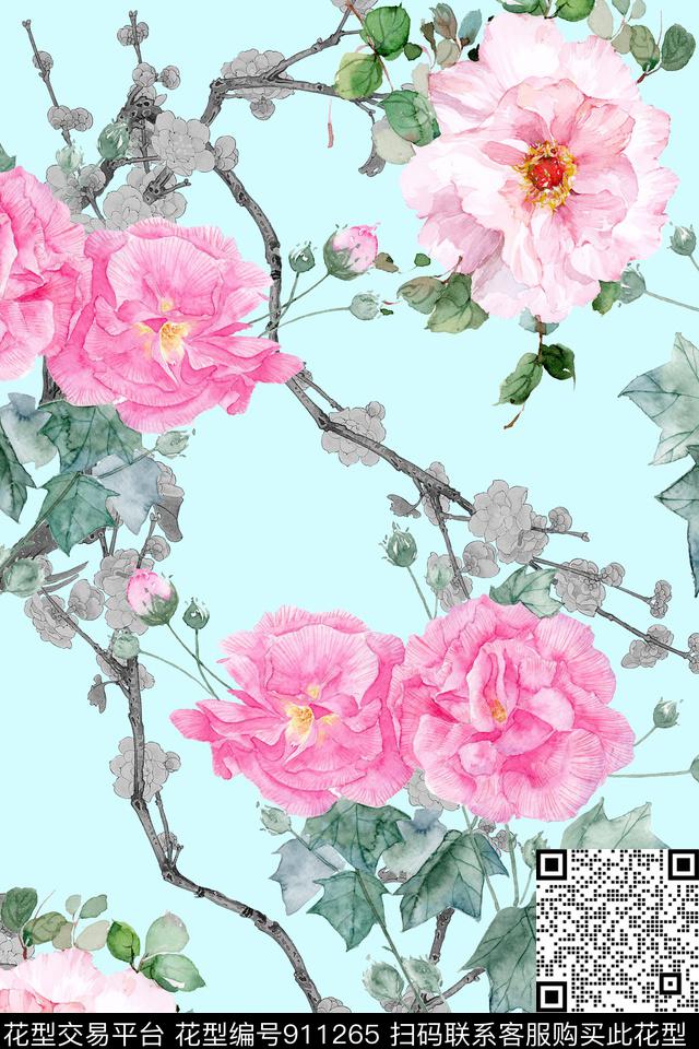 梅花花卉水彩花卉数码印花华亿平台下载（图片编号: 911265） - 瓦栏（Walan）