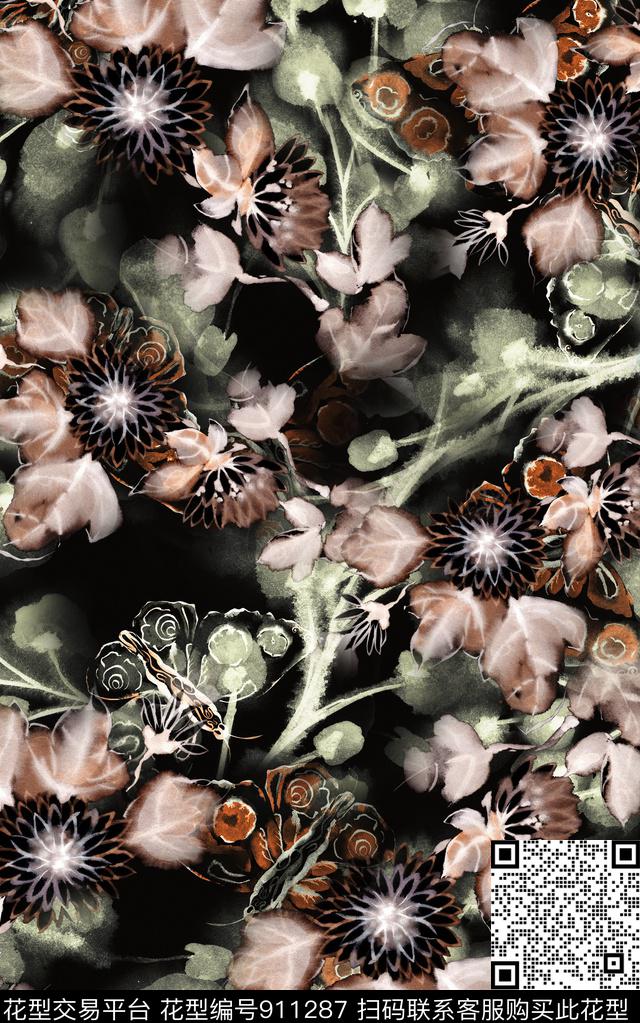 抽象几何花卉数码印花华亿平台下载（图片编号: 911287） - 瓦栏（Walan）