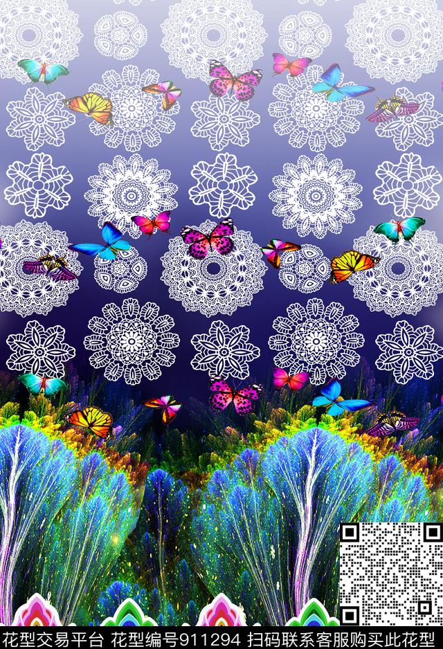 二方连续手绘花卉蝴蝶数码印花华亿平台下载（图片编号: 911294） - 瓦栏（Walan）