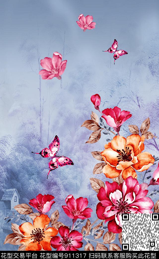 抽象几何花卉数码印花华亿平台下载（图片编号: 911317） - 瓦栏（Walan）