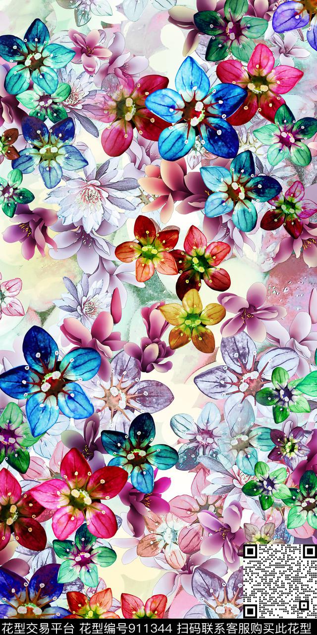 水彩花卉绿植树叶花卉数码印花华亿平台下载（图片编号: 911344） - 瓦栏（Walan）