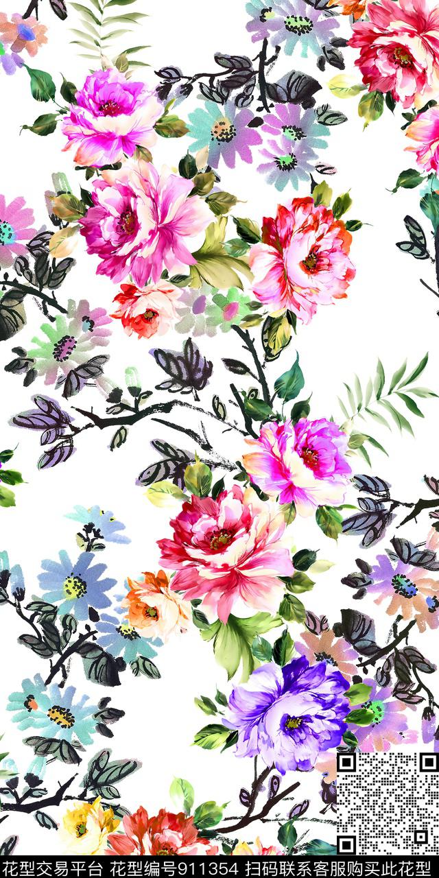 水彩花卉绿植树叶花卉数码印花华亿平台下载（图片编号: 911354） - 瓦栏（Walan）