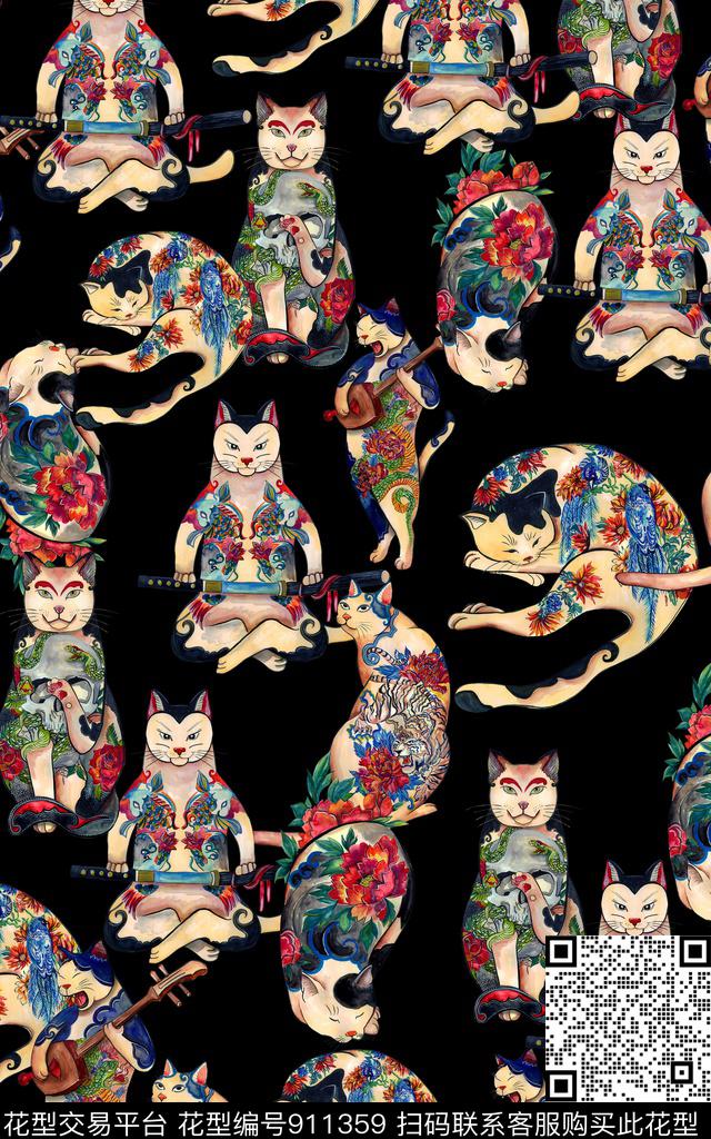 趣味卡通猫数码印花华亿平台下载（图片编号: 911359） - 瓦栏（Walan）