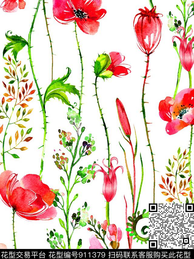 彩底花卉手绘花卉Fei-创意花卉数码印花华亿平台下载（图片编号: 911379） - 瓦栏（Walan）