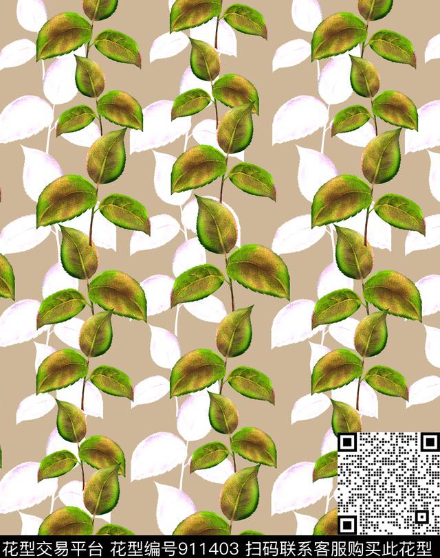 几何清爽底色花绿植树叶数码印花华亿平台下载（图片编号: 911403） - 瓦栏（Walan）