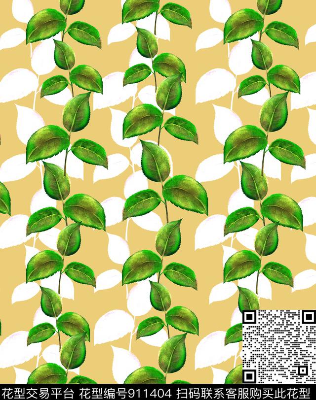 几何清爽底色花绿植树叶数码印花华亿平台下载（图片编号: 911404） - 瓦栏（Walan）