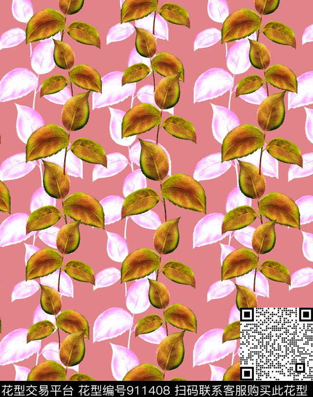 几何清爽底色花绿植树叶数码印花华亿平台下载（图片编号: 911408） - 瓦栏（Walan）