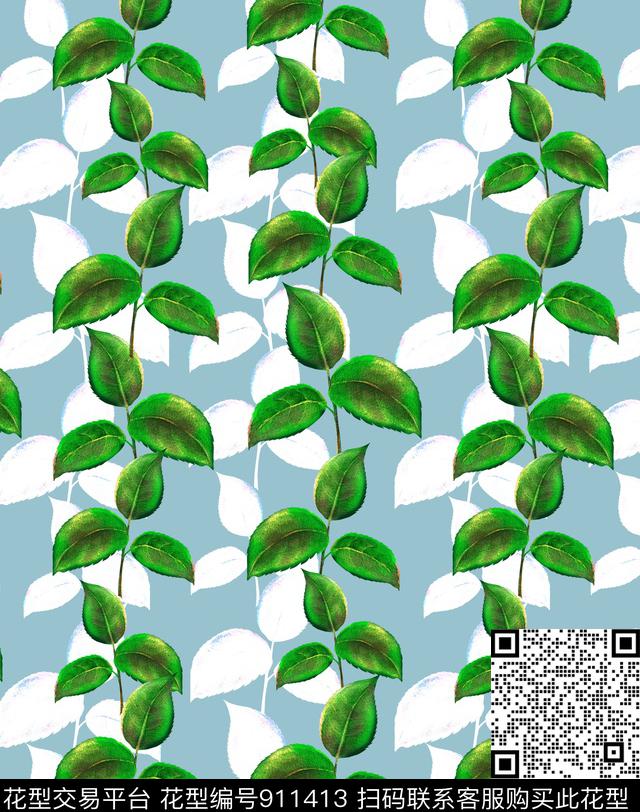 几何清爽底色花绿植树叶数码印花华亿平台下载（图片编号: 911413） - 瓦栏（Walan）