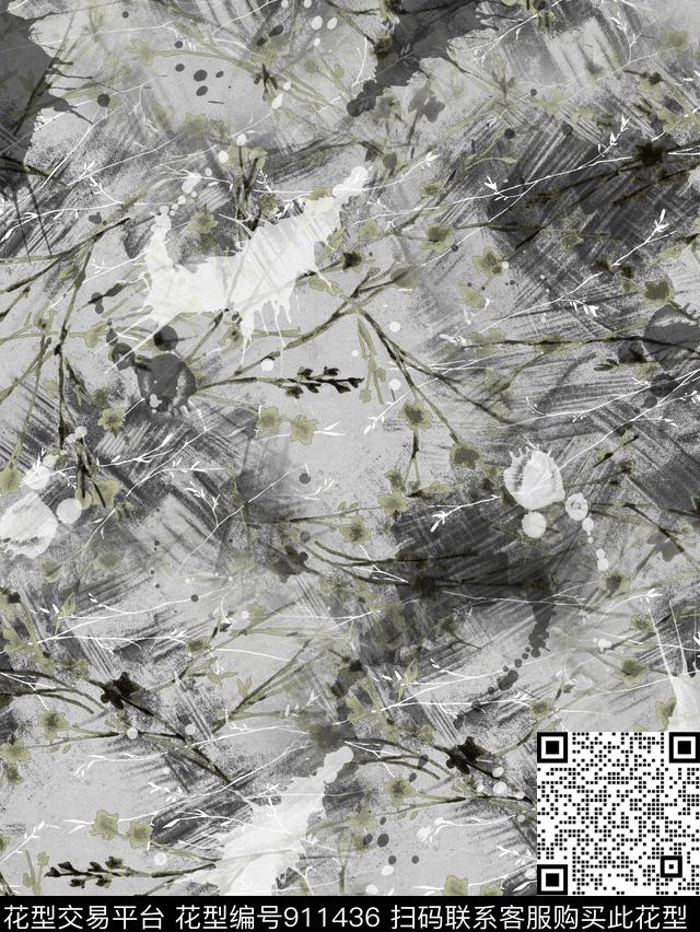 笔触树枝水墨风数码印花华亿平台下载（图片编号: 911436） - 瓦栏（Walan）