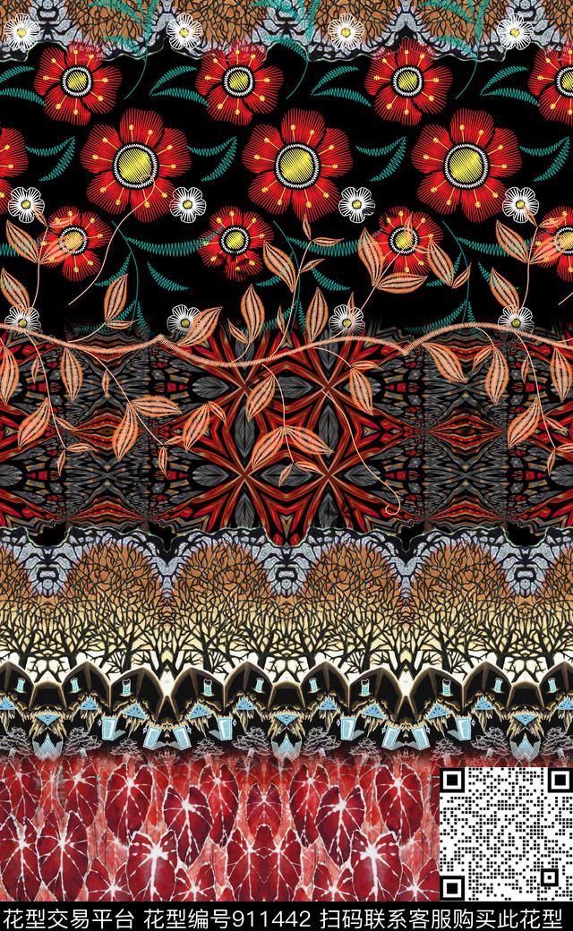 波西米亚民族风绣花数码印花华亿平台下载（图片编号: 911442） - 瓦栏（Walan）