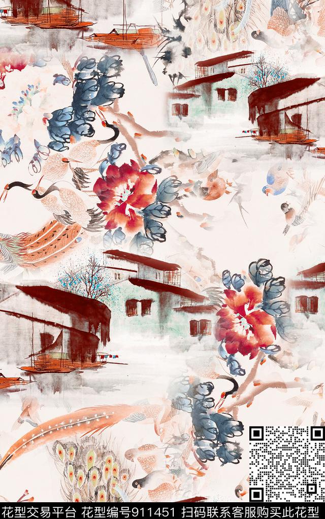 水墨风中国风风景景观数码印花华亿平台下载（图片编号: 911451） - 瓦栏（Walan）