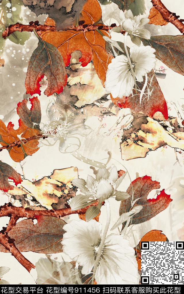 中国风花鸟画水墨风数码印花华亿平台下载（图片编号: 911456） - 瓦栏（Walan）