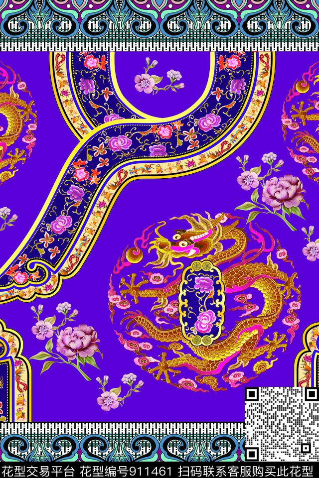 中国风定位花牡丹宫廷风数码印花华亿平台下载（图片编号: 911461） - 瓦栏（Walan）