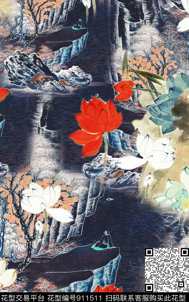 水墨风民族风中国风数码印花华亿平台下载（图片编号: 911511） - 瓦栏（Walan）