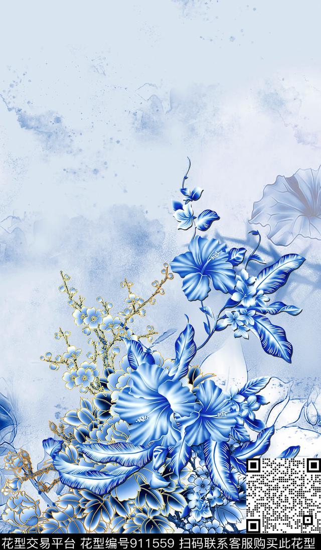 中国风定位花旗袍青花瓷数码印花华亿平台下载（图片编号: 911559） - 瓦栏（Walan）