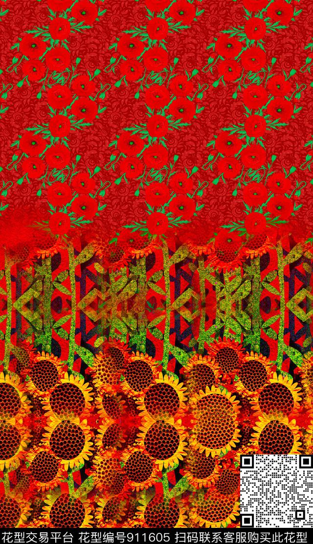 花卉杭州红绿数码印花华亿平台下载（图片编号: 911605） - 瓦栏（Walan）