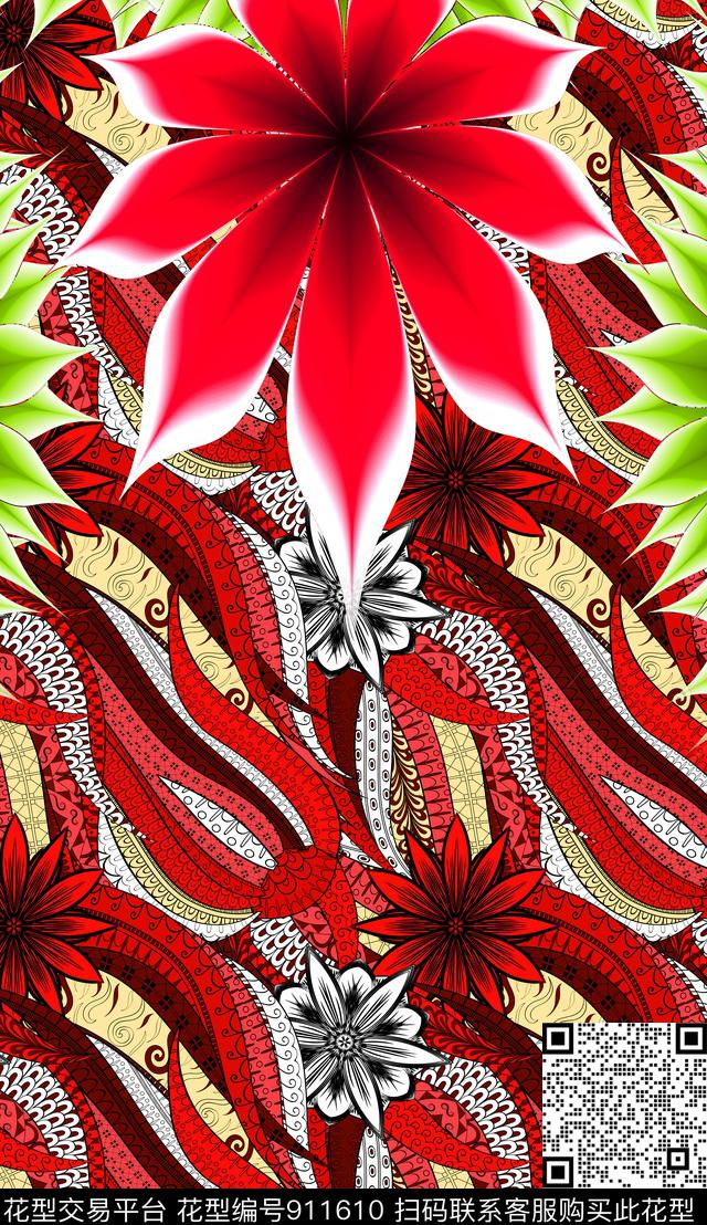 花卉杭州红绿数码印花华亿平台下载（图片编号: 911610） - 瓦栏（Walan）