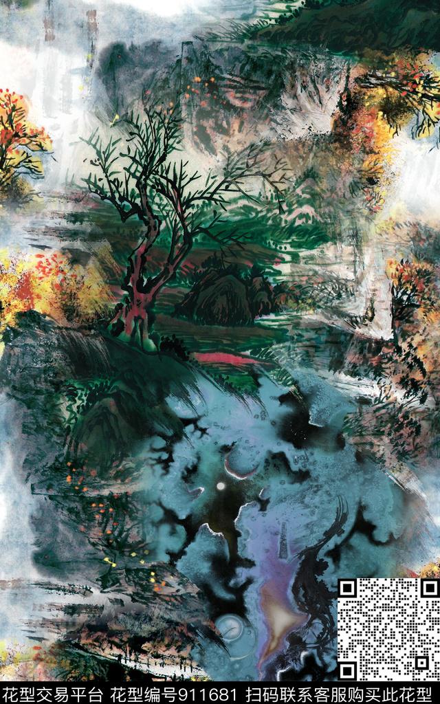 水墨风女装风景景观数码印花华亿平台下载（图片编号: 911681） - 瓦栏（Walan）