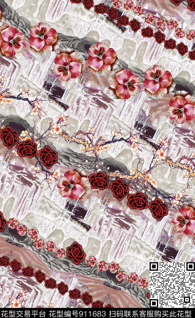 民族风中国风水墨风数码印花华亿平台下载（图片编号: 911683） - 瓦栏（Walan）