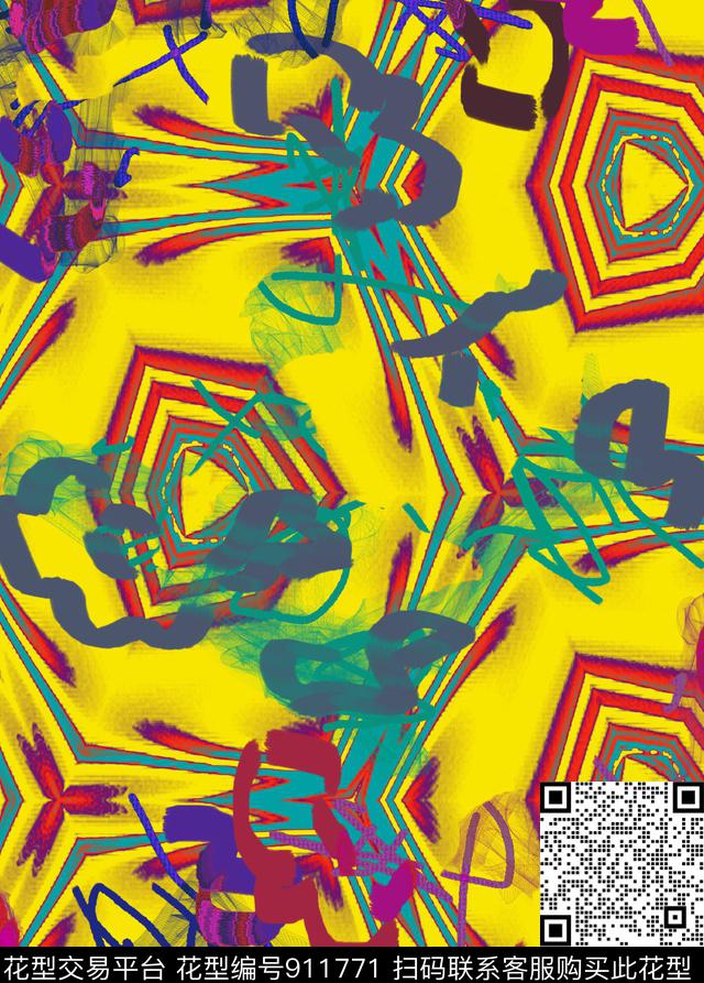 混合拼接抽象线条数码印花华亿平台下载（图片编号: 911771） - 瓦栏（Walan）
