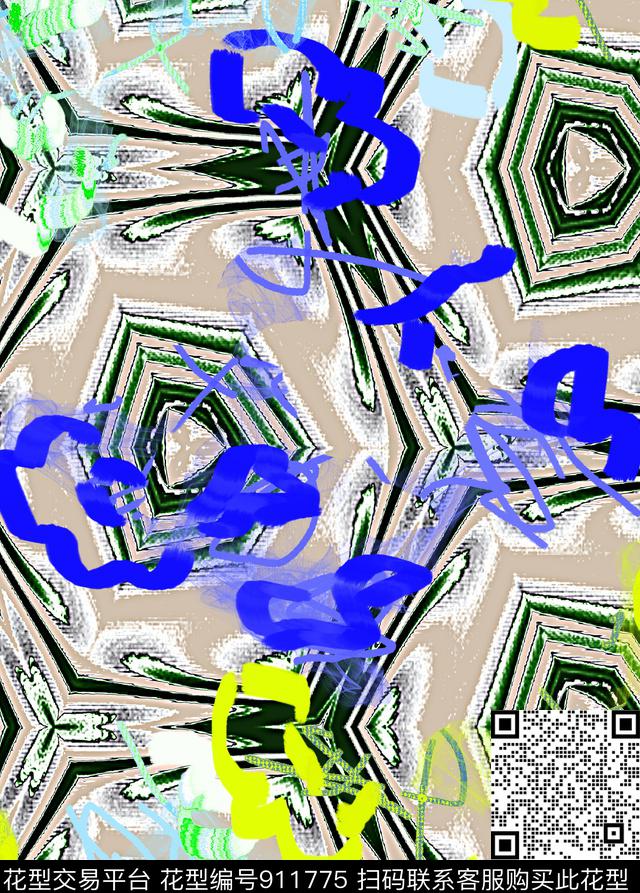 混合拼接抽象线条数码印花华亿平台下载（图片编号: 911775） - 瓦栏（Walan）