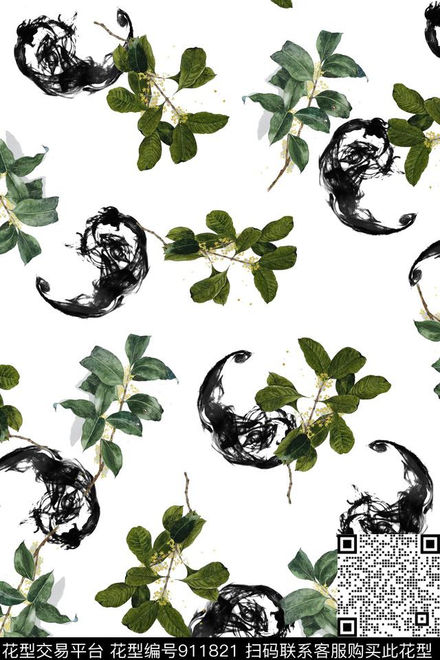 休闲水墨风绿植树叶数码印花华亿平台下载（图片编号: 911821） - 瓦栏（Walan）