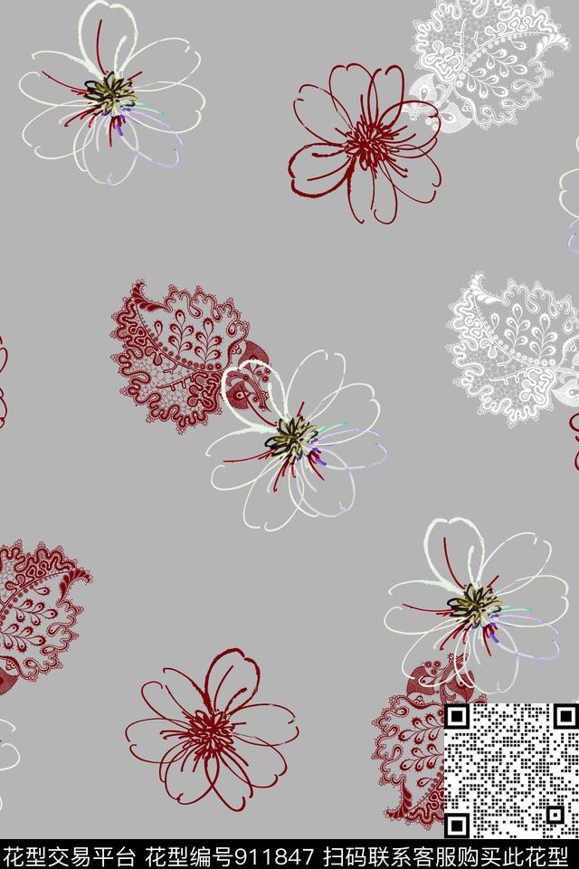 简约休闲线条花卉数码印花华亿平台下载（图片编号: 911847） - 瓦栏（Walan）