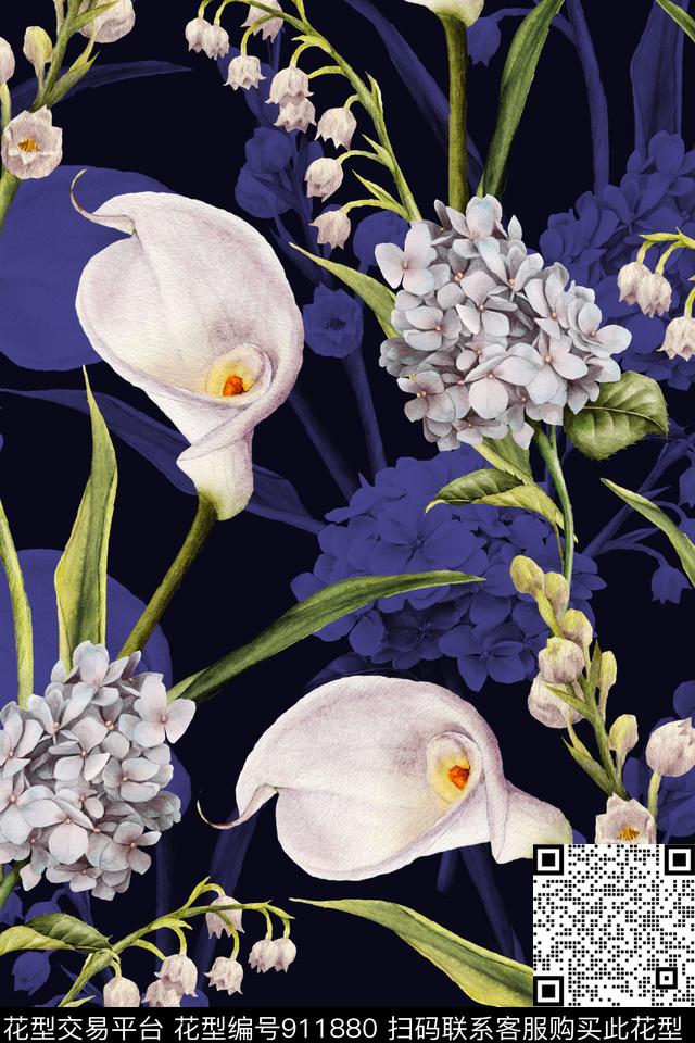 彩底花卉中老年绣球花数码印花华亿平台下载（图片编号: 911880） - 瓦栏（Walan）