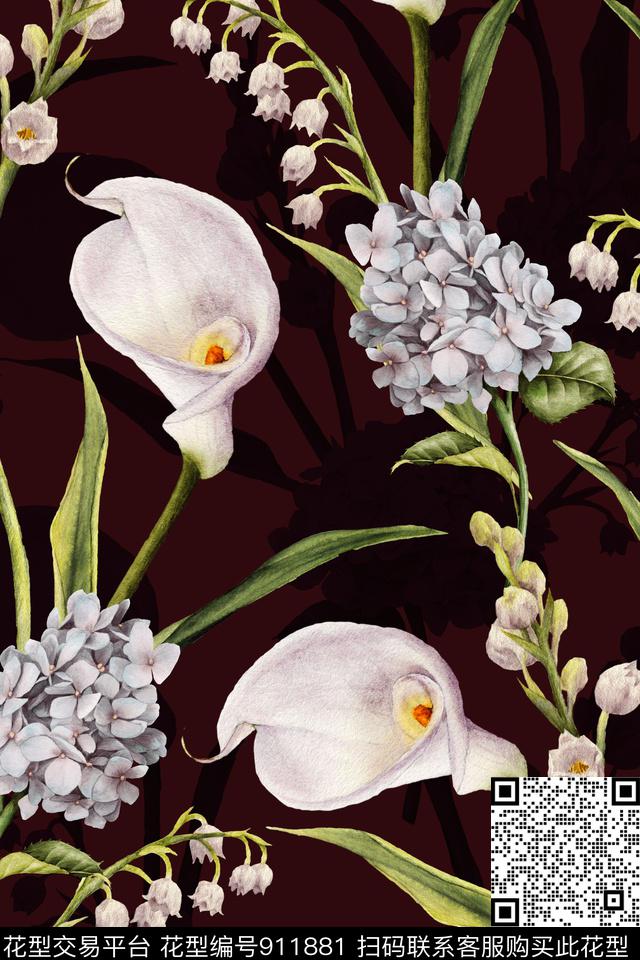 彩底花卉中老年绣球花数码印花华亿平台下载（图片编号: 911881） - 瓦栏（Walan）