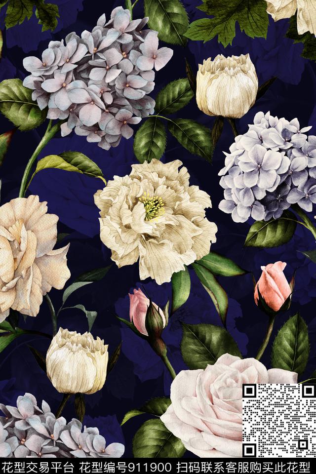 彩底花卉中老年大花数码印花华亿平台下载（图片编号: 911900） - 瓦栏（Walan）