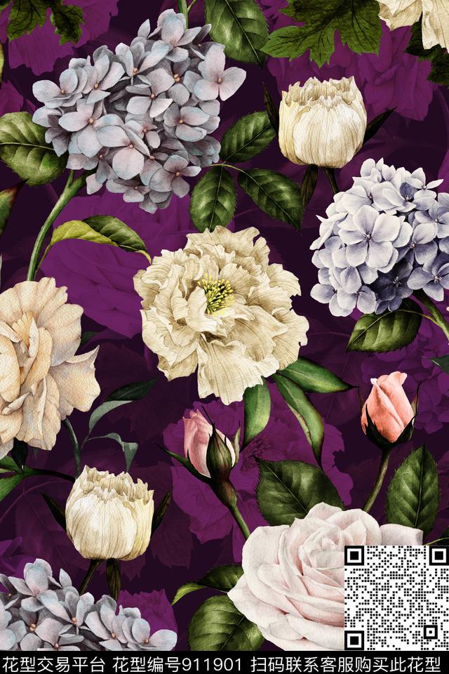 彩底花卉中老年大花数码印花华亿平台下载（图片编号: 911901） - 瓦栏（Walan）