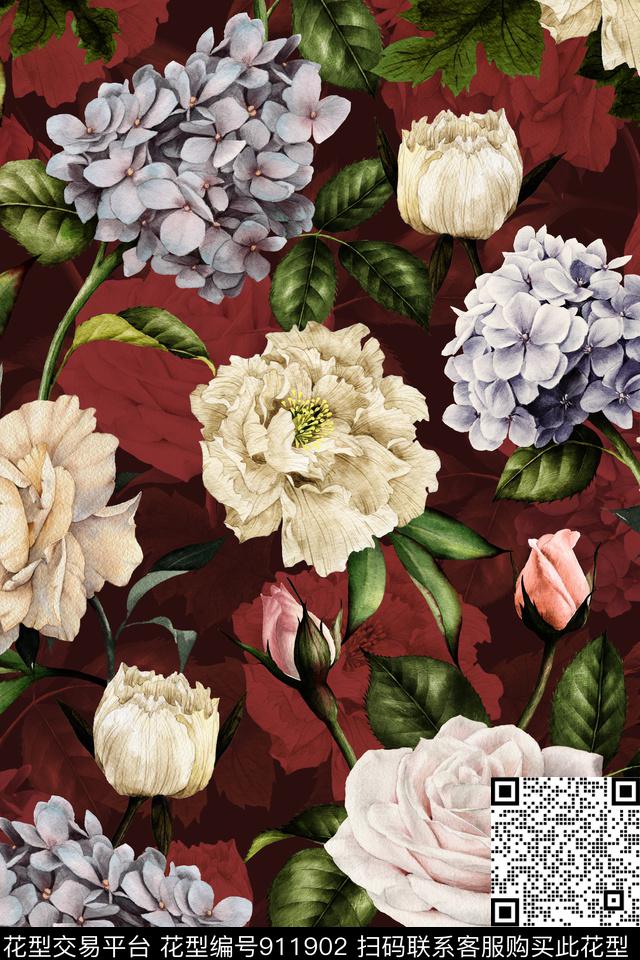 彩底花卉中老年大花数码印花华亿平台下载（图片编号: 911902） - 瓦栏（Walan）