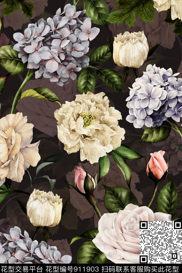 彩底花卉中老年大花数码印花华亿平台下载（图片编号: 911903） - 瓦栏（Walan）