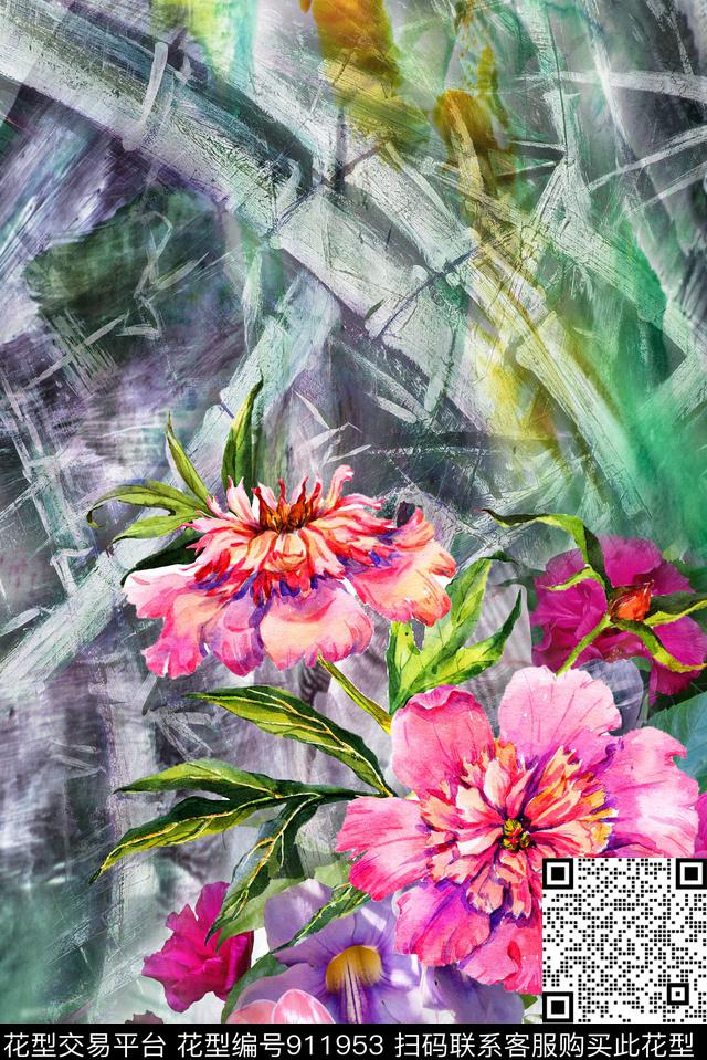 抽象花卉定位花数码印花华亿平台下载（图片编号: 911953） - 瓦栏（Walan）