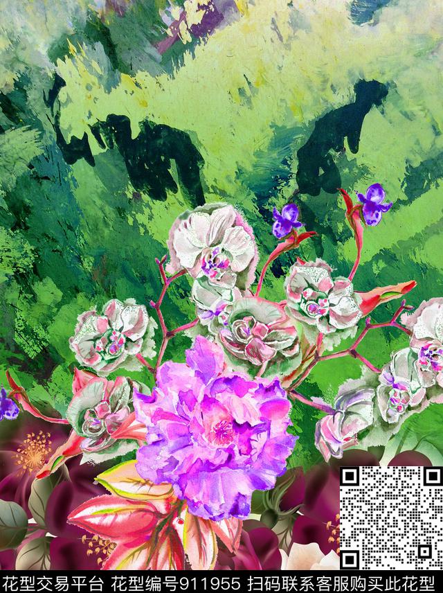 抽象花卉定位花数码印花华亿平台下载（图片编号: 911955） - 瓦栏（Walan）