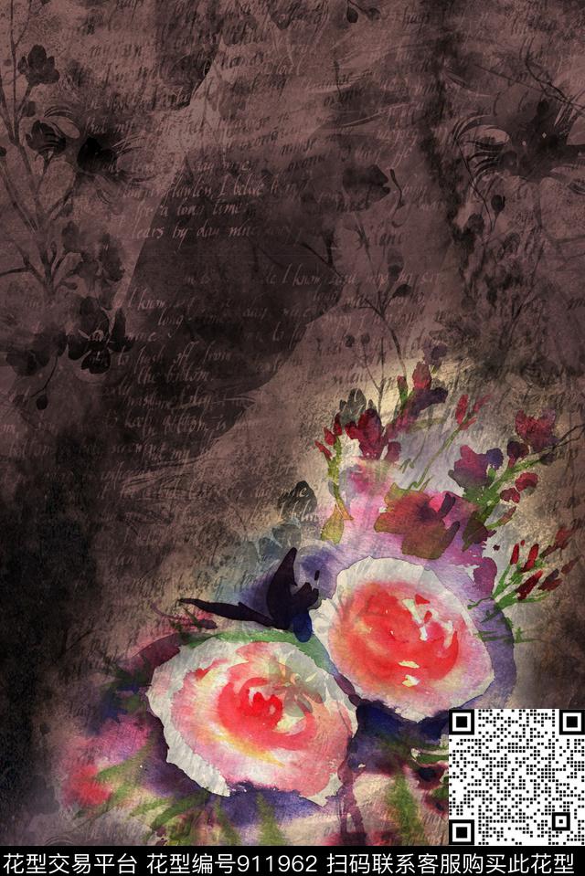 抽象花卉定位花数码印花华亿平台下载（图片编号: 911962） - 瓦栏（Walan）