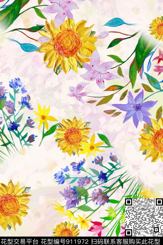花卉平底手绘花卉数码印花华亿平台下载（图片编号: 911972） - 瓦栏（Walan）
