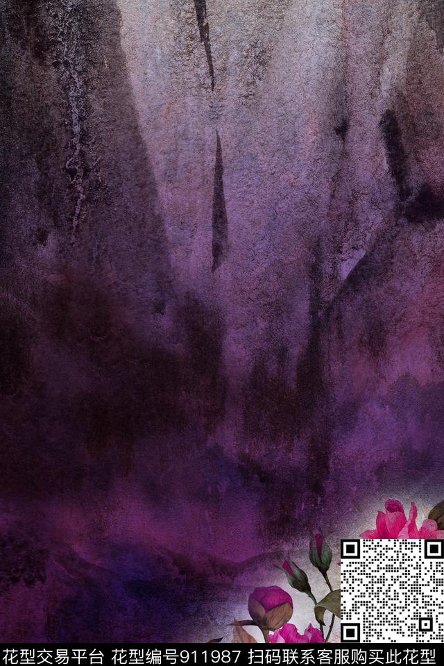 抽象花卉定位花数码印花华亿平台下载（图片编号: 911987） - 瓦栏（Walan）