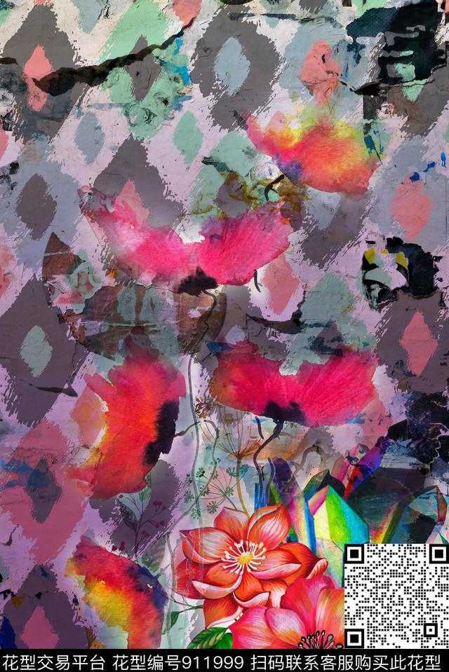 抽象花卉定位花数码印花华亿平台下载（图片编号: 911999） - 瓦栏（Walan）