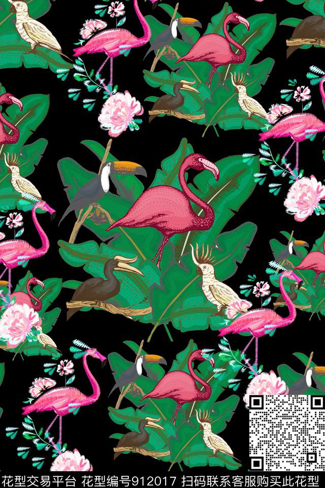 绿植树叶天堂鸟大牌风数码印花华亿平台下载（图片编号: 912017） - 瓦栏（Walan）