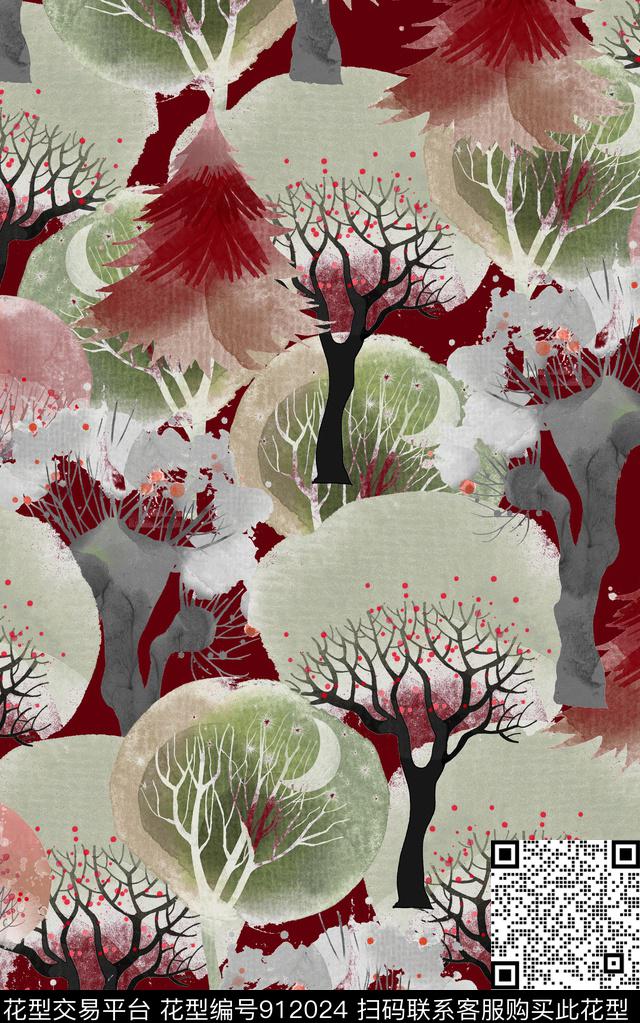 树林大红水彩花卉数码印花华亿平台下载（图片编号: 912024） - 瓦栏（Walan）