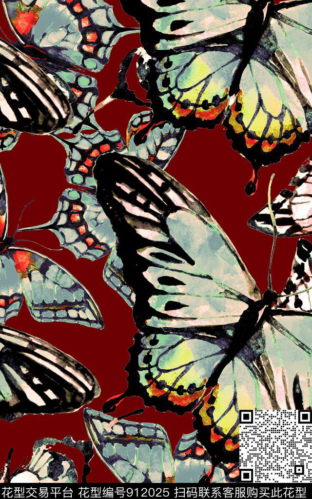 蝴蝶水彩花卉炫彩数码印花华亿平台下载（图片编号: 912025） - 瓦栏（Walan）