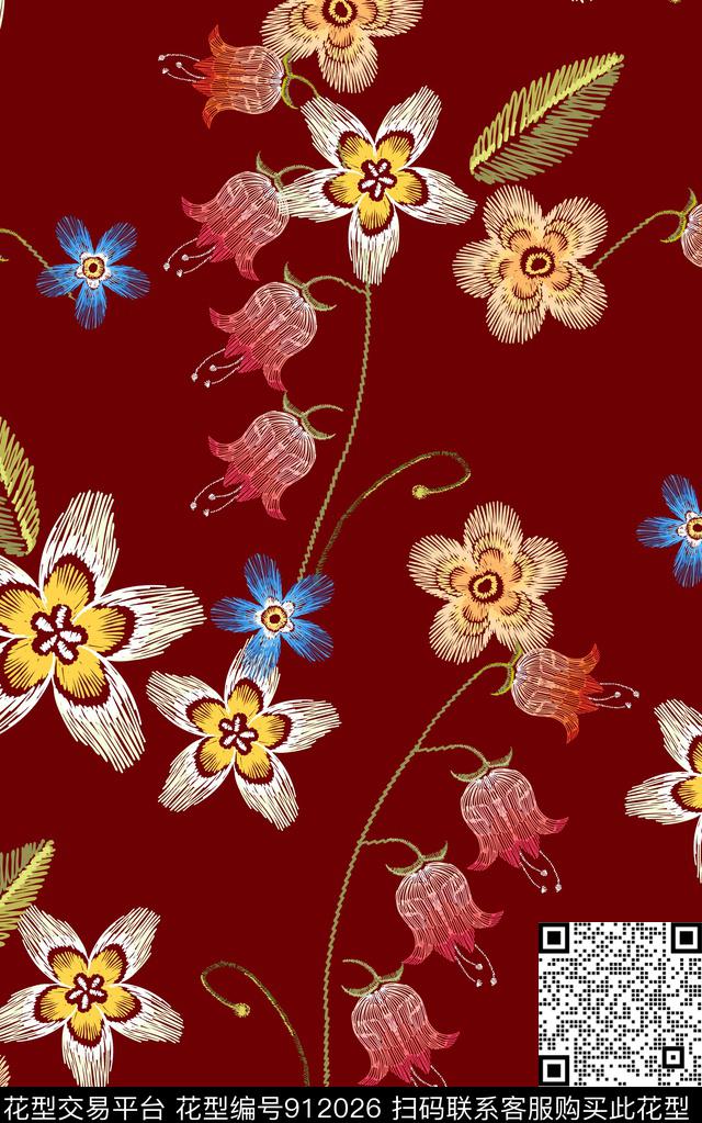 小碎花绣花花卉数码印花华亿平台下载（图片编号: 912026） - 瓦栏（Walan）