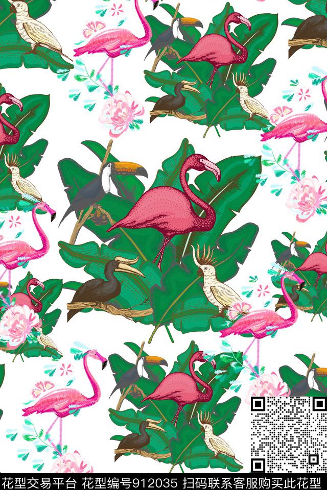 绿植树叶天堂鸟大牌风数码印花华亿平台下载（图片编号: 912035） - 瓦栏（Walan）