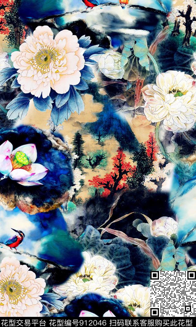 牡丹旗袍大牌风数码印花华亿平台下载（图片编号: 912046） - 瓦栏（Walan）