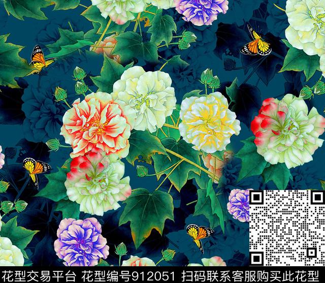 花卉蝴蝶中国风数码印花华亿平台下载（图片编号: 912051） - 瓦栏（Walan）