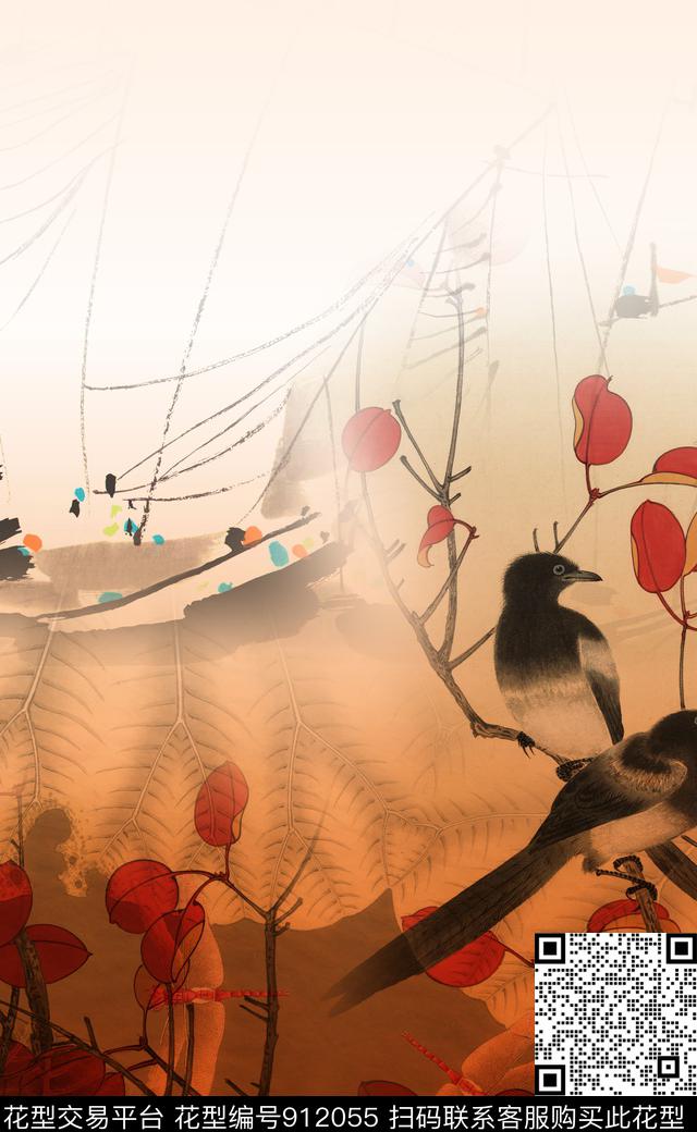 水墨风大牌风国画数码印花华亿平台下载（图片编号: 912055） - 瓦栏（Walan）