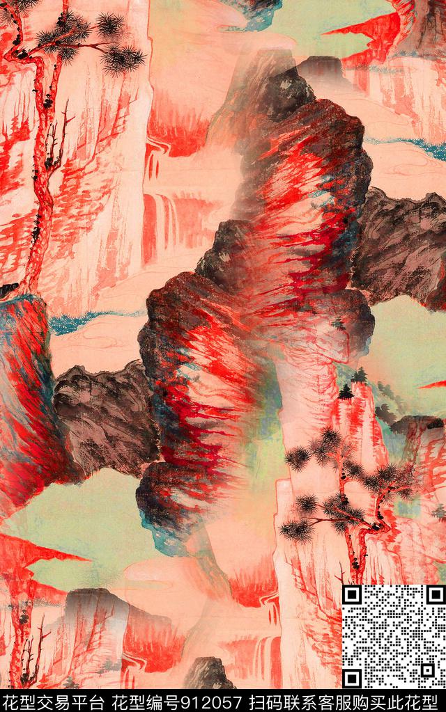 水墨风国画中国风数码印花华亿平台下载（图片编号: 912057） - 瓦栏（Walan）