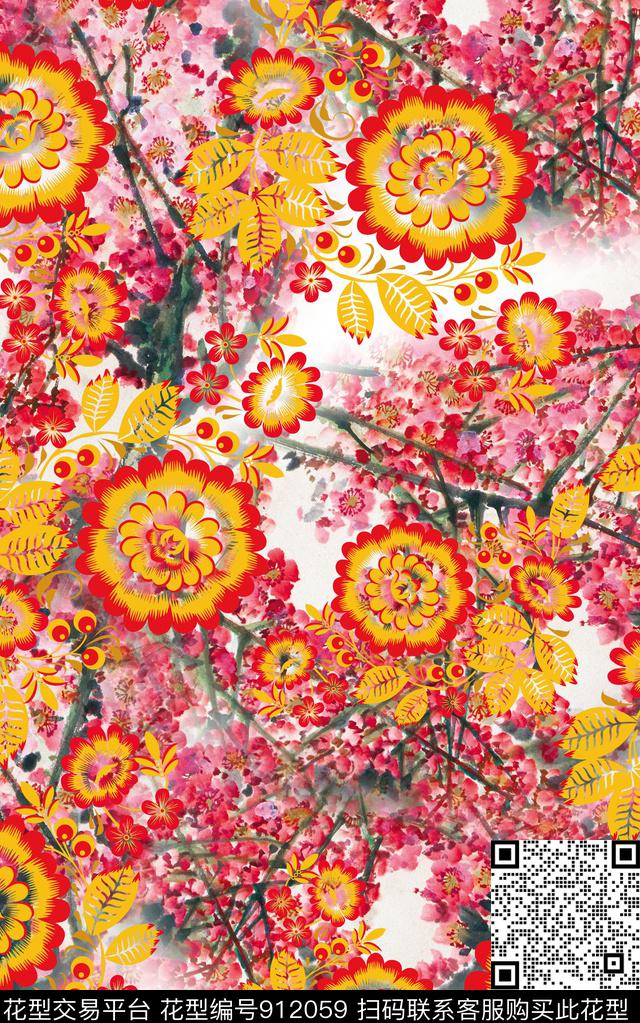 水墨风国画中国风数码印花华亿平台下载（图片编号: 912059） - 瓦栏（Walan）